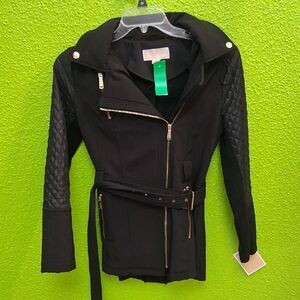 Michael Kors Black Leather Jacket with Gold Accents